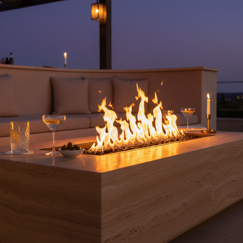EcoSmart Linear 50 Fire Pit Kit with Black Burner in a stylish outdoor setting during dusk, flames illuminating the space, complemented by cocktails and a relaxing lounge area, showcasing the fire pit's design and ambiance.