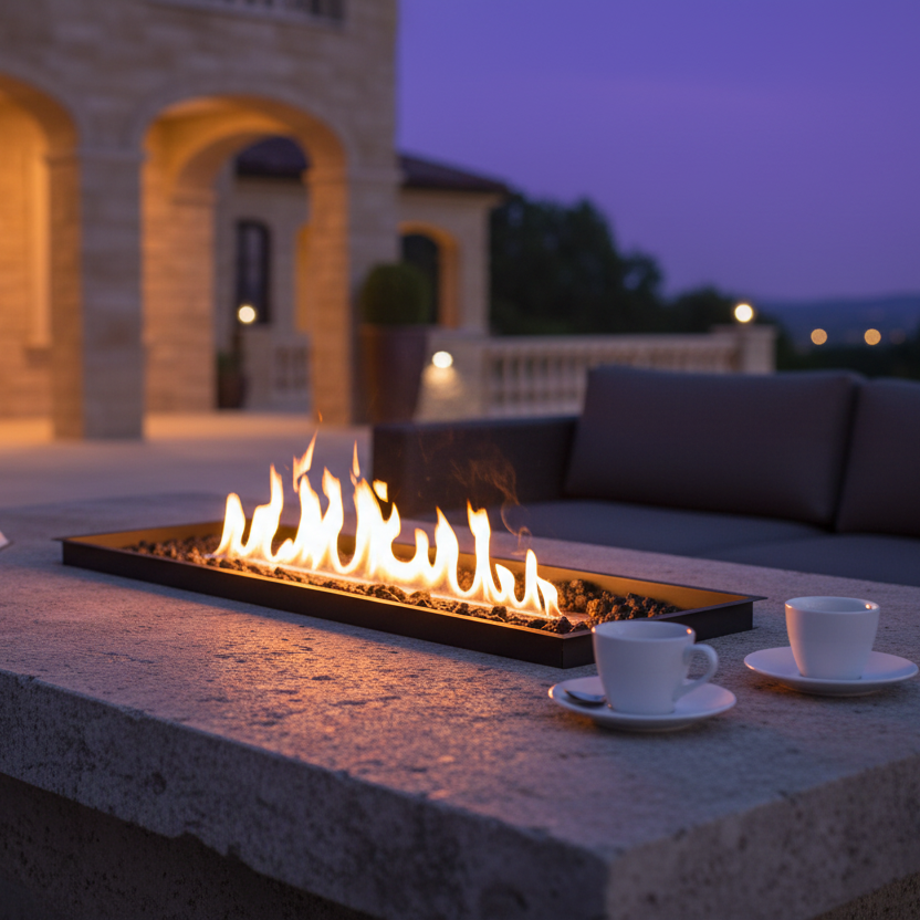 EcoSmart Linear 50 Fire Pit Kit with black burner in a luxurious outdoor setting at dusk, featuring flames over black glass rocks, accompanied by two cups for a relaxing gathering.