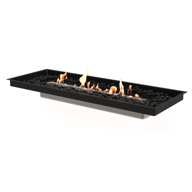 Front view of the EcoSmart Linear 50 Outdoor Fire Pit Kit with Black Burner showcasing the flames burning over the black glass rocks, emphasizing its sleek, modern design for outdoor settings.