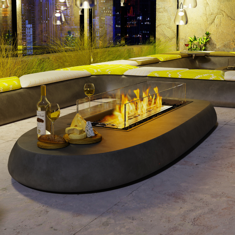 Close-up view of the EcoSmart Linear 50 Outdoor Fire Pit Kit flames flickering over the black glass rocks, highlighting the fire pit's high-quality construction and stylish finish