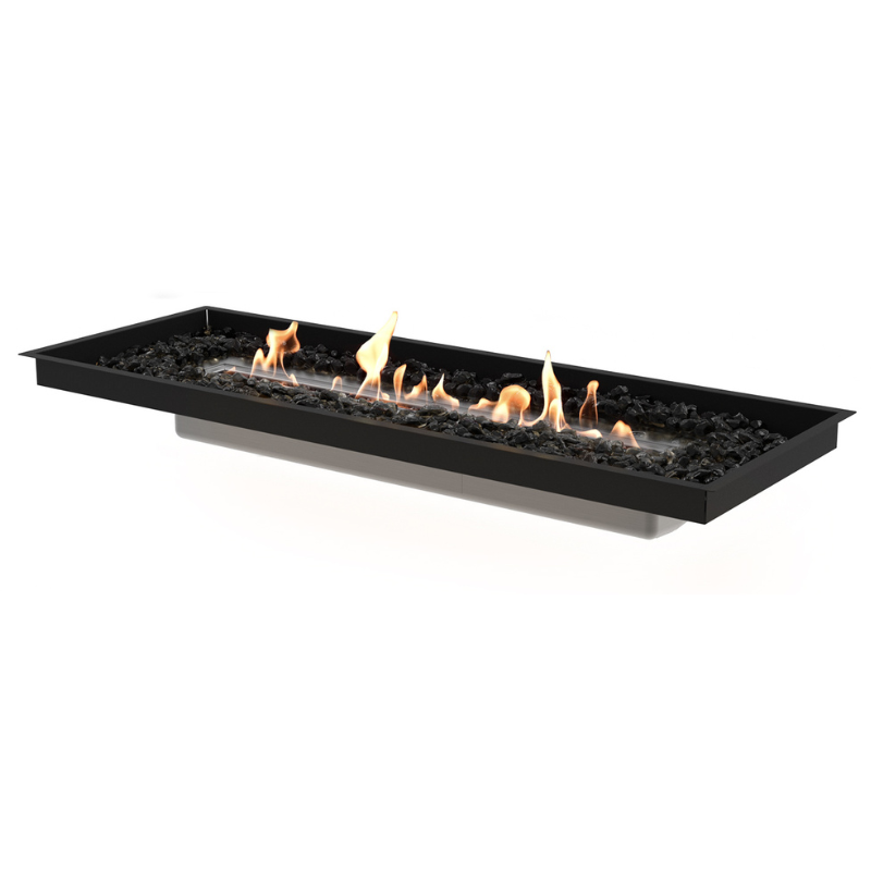 Close-up showing the EcoSmart Linear 50 Outdoor Fire Pit Kit with Stainless Steel Burner's modular design, with the fire contained in a sleek rectangular frame, ideal for outdoor living spaces.