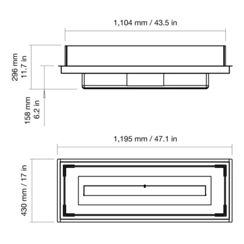 Technical drawing of the EcoSmart Linear 50 Outdoor Fire Pit Kit, showing the dimensions and structural components of the fire pit, ideal for integration into custom outdoor kitchens.