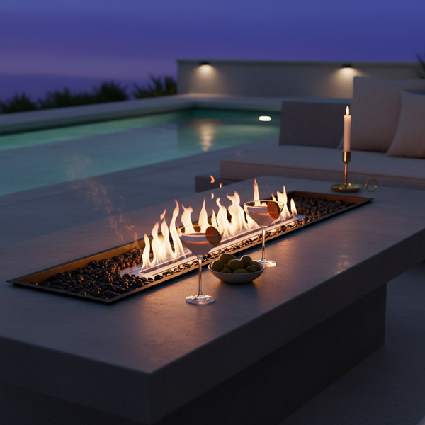 EcoSmart Linear 65 built into a poolside bench at dusk, flames running the length of the tray