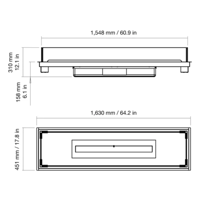 Dimension diagram of the EcoSmart Linear 65 Fire Pit Kit showing its width, height, and depth measurements in millimeters and inches.