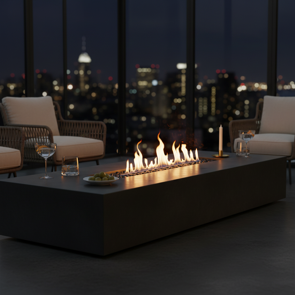EcoSmart Linear 65 Fire Pit Kit shown in an outdoor setting during the night with a sleek modern look, flames dancing in the center