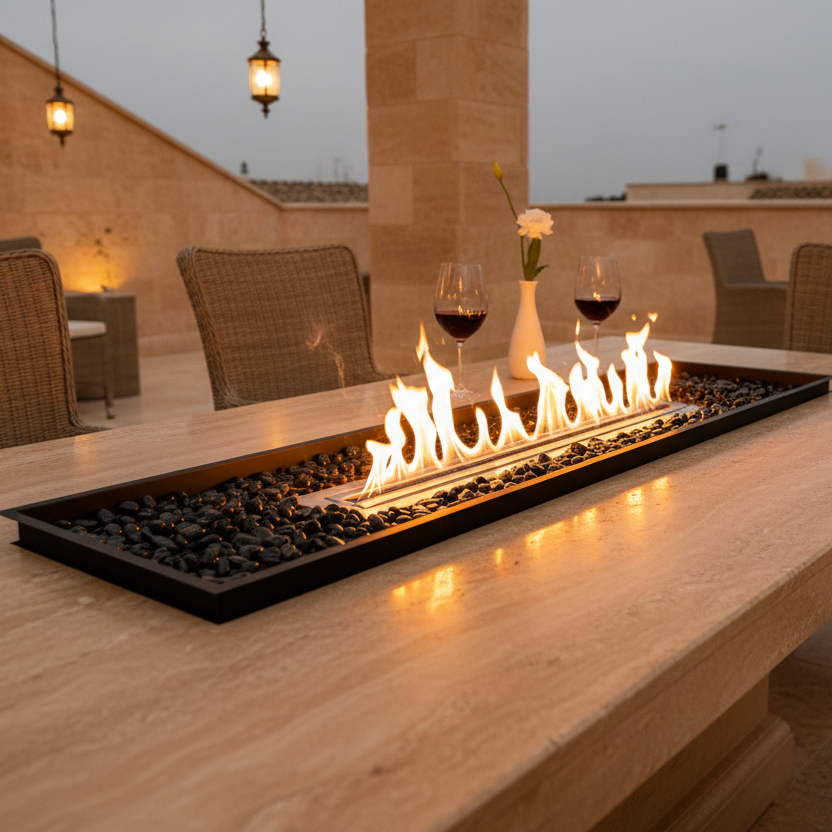 EcoSmart Linear 65 Fire Pit Kit with Stainless Steel burner featuring a modular design, placed on a table in an elegant outdoor setting with the flames burning