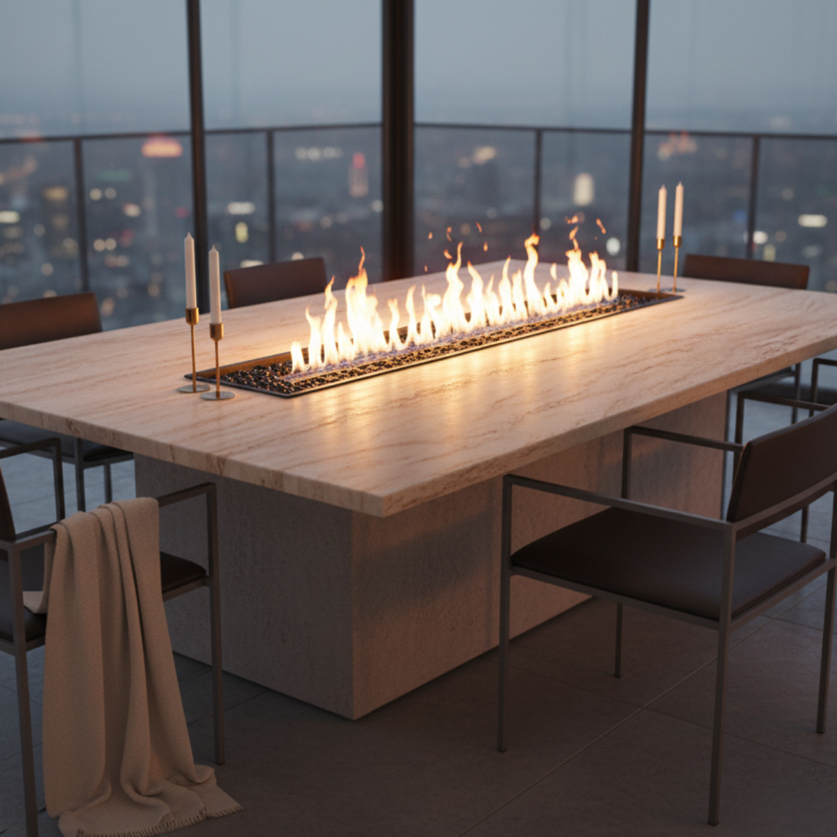 EcoSmart Linear 90 Fire Pit Kit integrated into a luxurious dining table, set against a city skyline, with a long flame burning through the center.