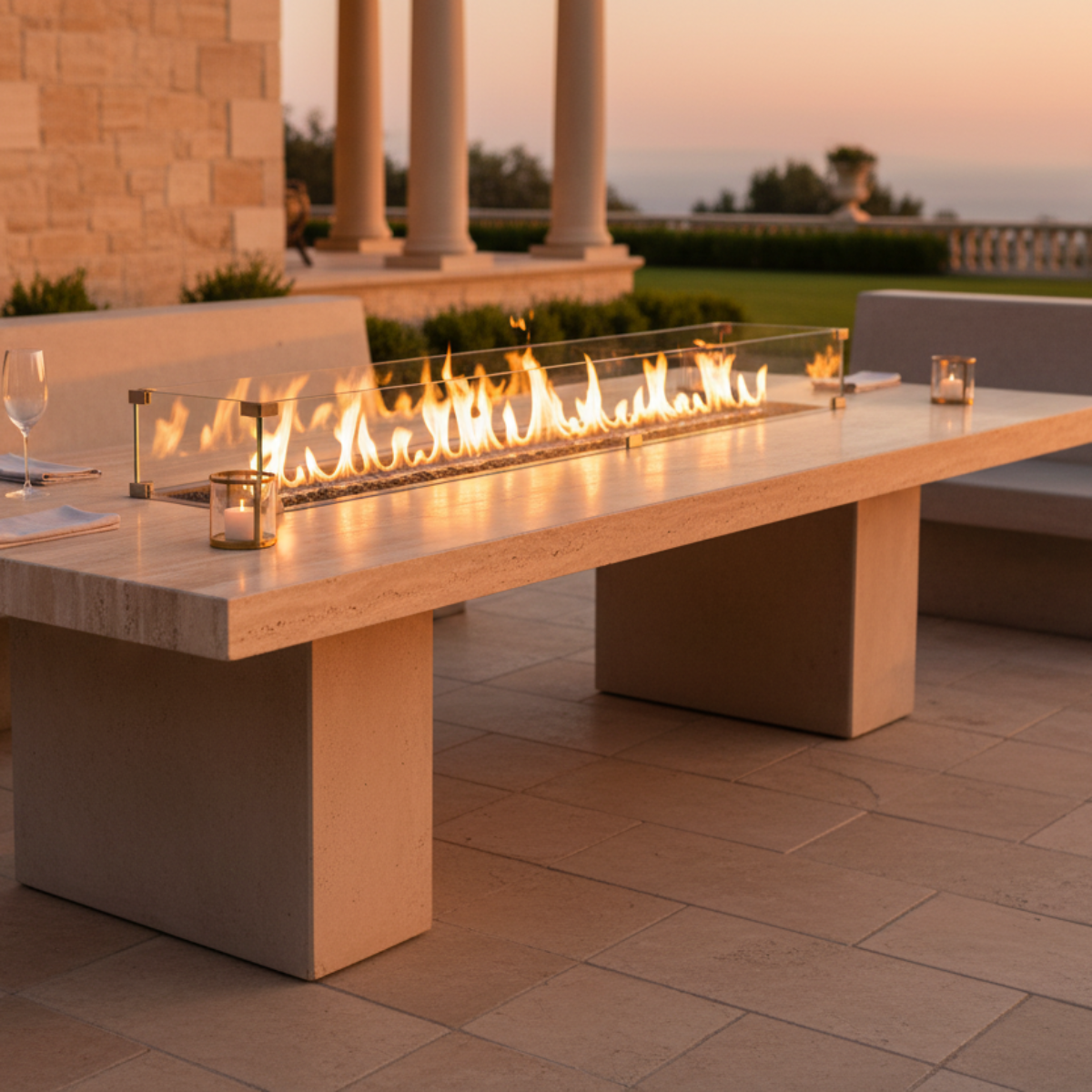 EcoSmart Linear 90 Fire Pit Kit displayed in an upscale outdoor setting, with a captivating flame and minimalist stone surround, creating an elegant fire feature.