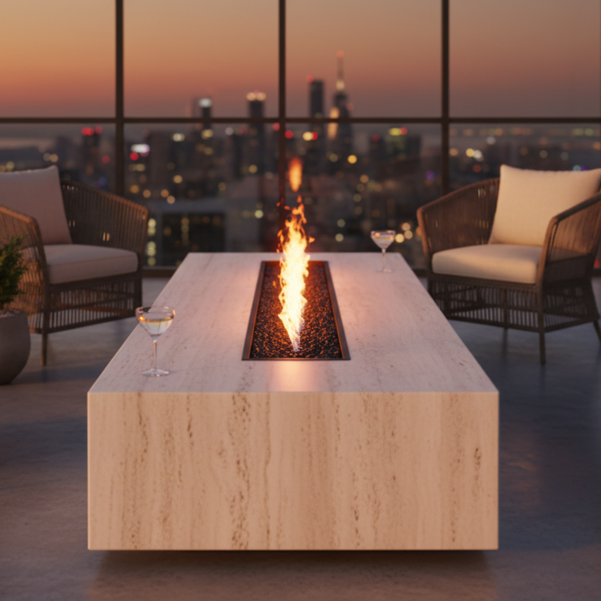 EcoSmart Linear 90 Fire Pit Kit positioned in a modern living space with a stunning city view, featuring a striking flame surrounded by elegant furniture.
