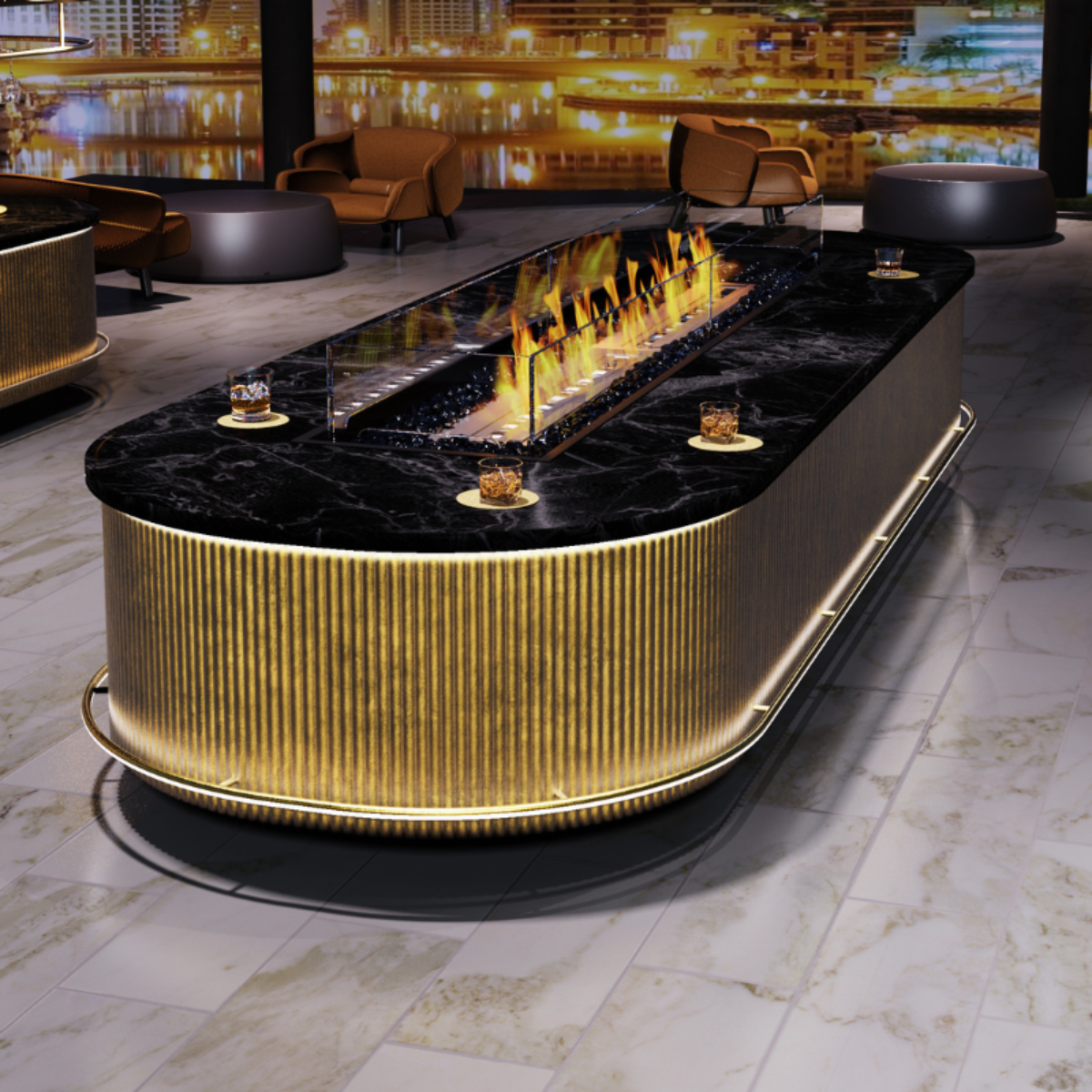 EcoSmart Linear 90 Fire Pit Kit placed in a luxurious outdoor patio area, with the flame creating a stylish and inviting ambiance.