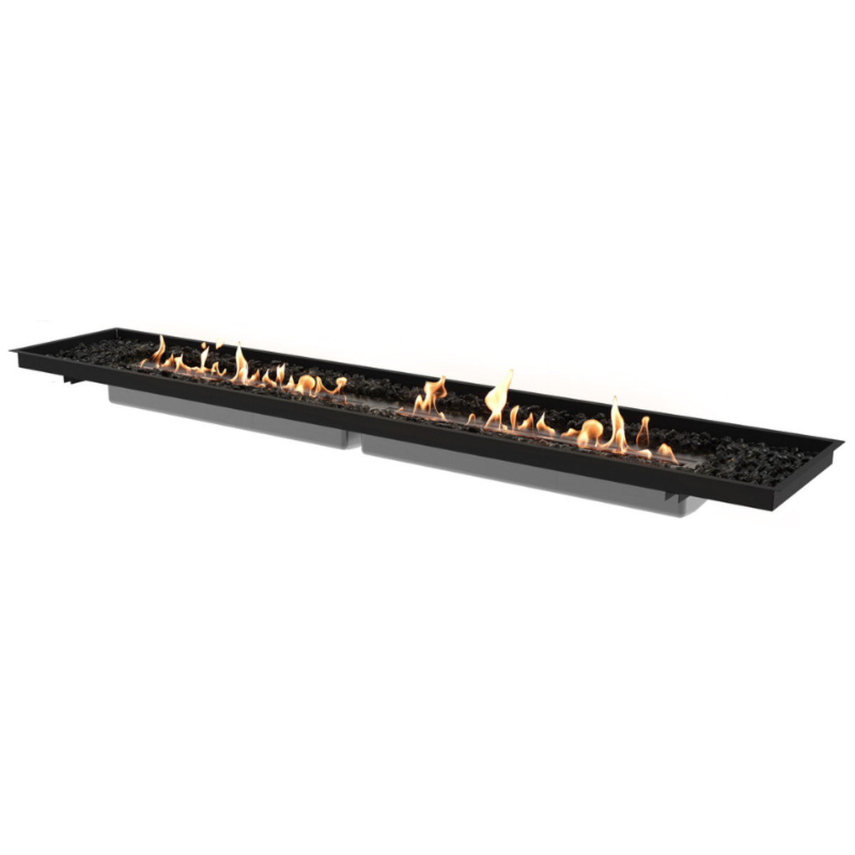 EcoSmart Linear 90 Fire Pit Kit with Black Burner placed in an urban outdoor patio, with a stunning flame design that enhances the luxurious atmosphere of the space.