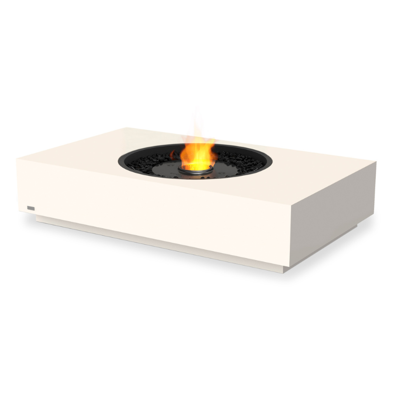 EcoSmart Martini 50 fire table in Bone Fluid concrete with a Black sunken circular burner and black lava media.
