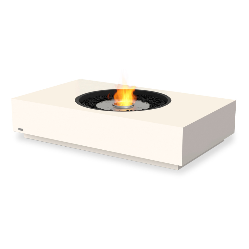 EcoSmart Martini 50 fire table in Bone Fluid concrete with a Stainless Steel sunken circular burner and black lava media.