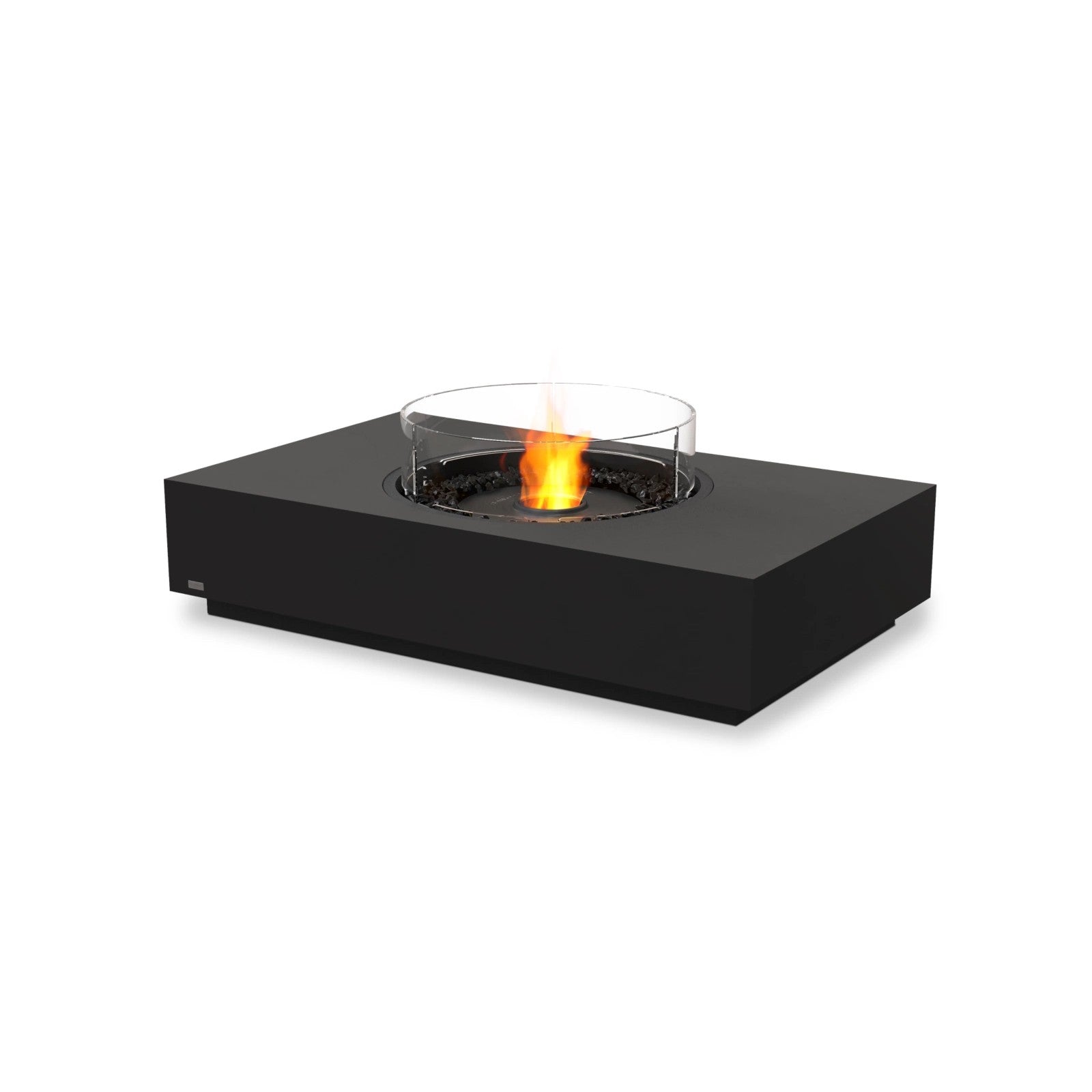 EcoSmart Martini 50 fire table in Graphite fluid concrete with a Black sunken circular burner and glass screen, studio view.