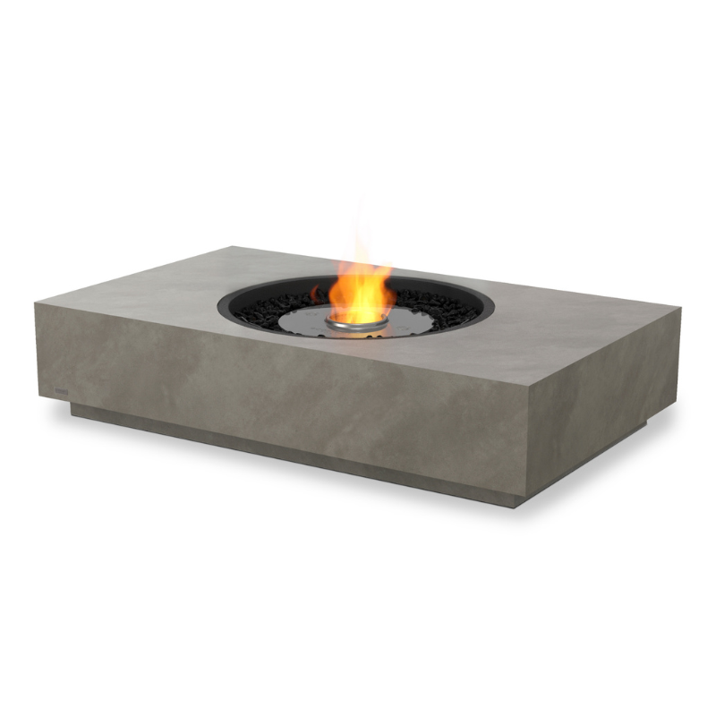EcoSmart Martini 50 fire table in Natural Fluid concrete with a Stainless Steel sunken circular burner and black lava media.