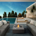 EcoSmart Martini 50 fire table by a pool with outdoor lounge seating.