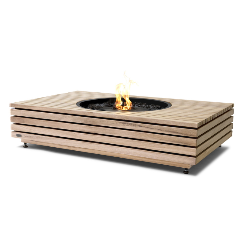 EcoSmart Martini 50 fire table in Grade A Teak with a Black sunken circular burner.