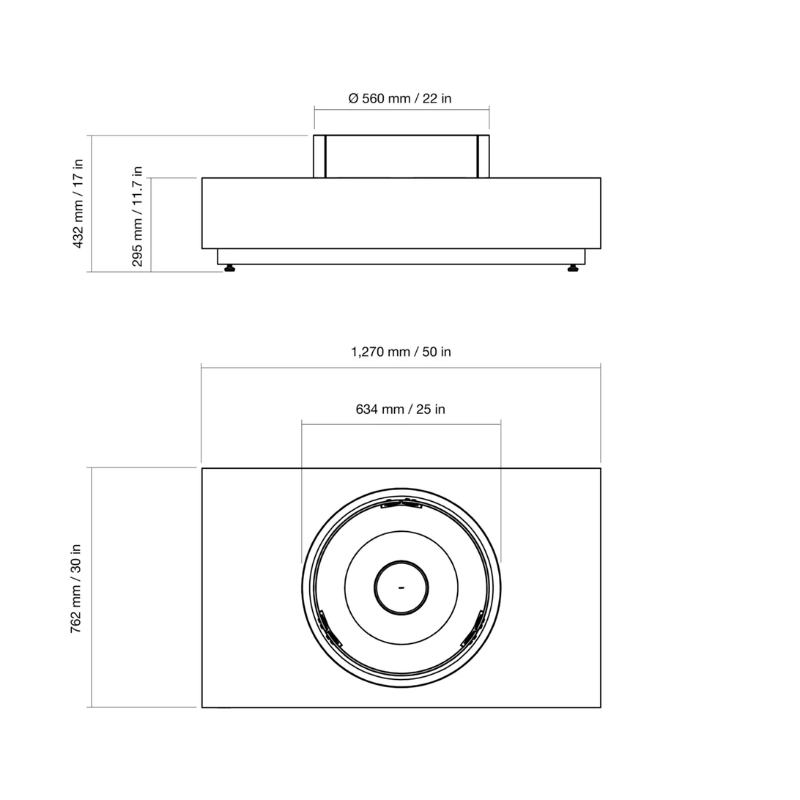EcoSmart Martini 50 dimensions diagram showing the rectangular footprint and sunken circular burner placement.