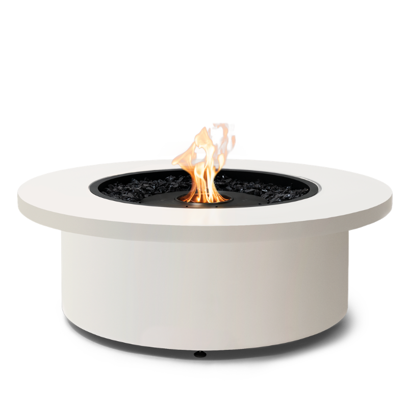 EcoSmart Mimosa 40 in Bone Fluid concrete with a Black burner surround and black glass charcoal media.