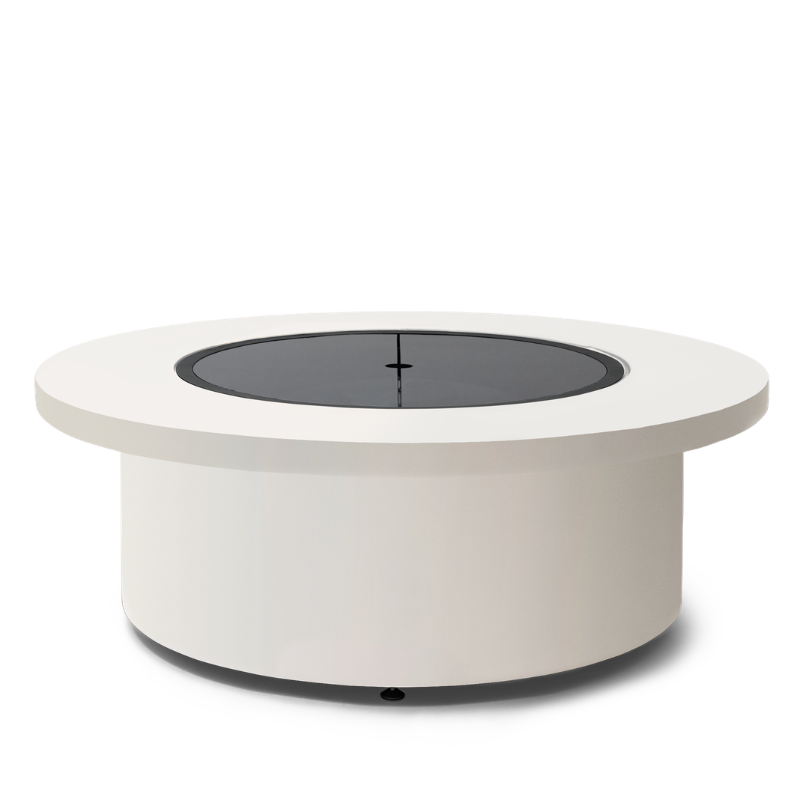 EcoSmart Mimosa 40 in Bone Fluid concrete with the flat cover plate fitted over the burner.