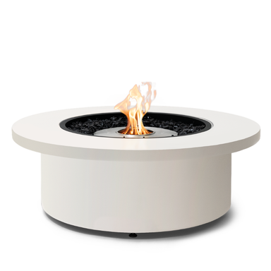 EcoSmart Mimosa 40 round fire table in Bone Fluid concrete with a Stainless Steel burner and black glass charcoal media, lit with a live flame.
