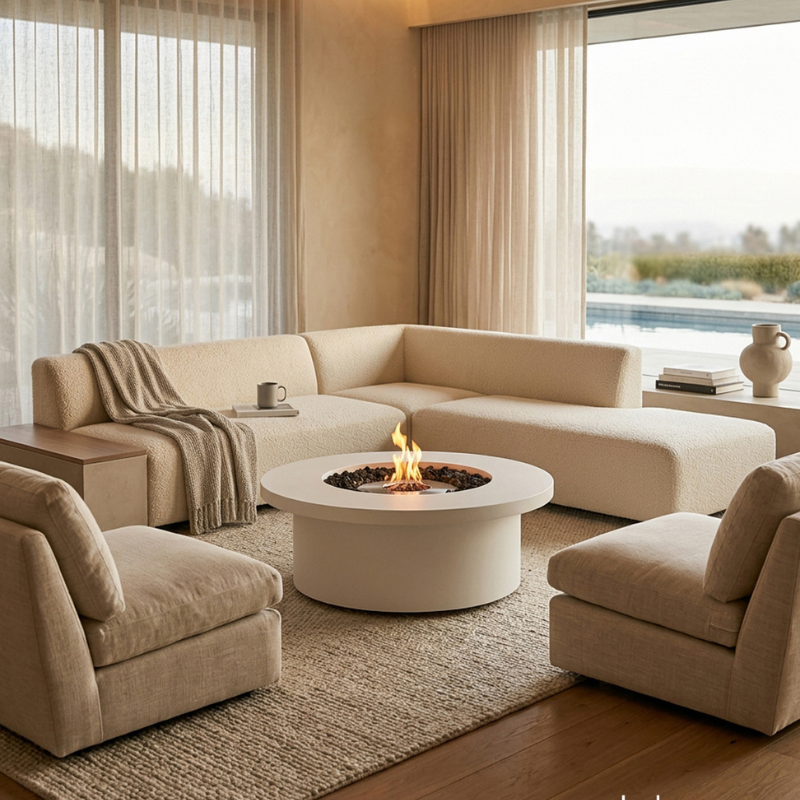 EcoSmart Mimosa 40 in Bone Fluid concrete as the centrepiece of a bright minimalist living room with cream boucle sectional seating.