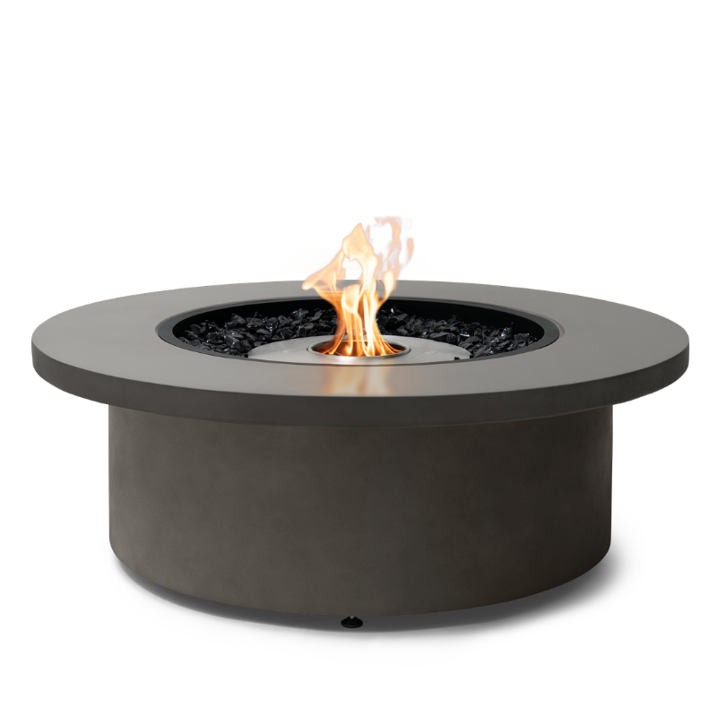 EcoSmart Mimosa 40 in Natural Fluid concrete with a Stainless Steel burner and black glass charcoal media.