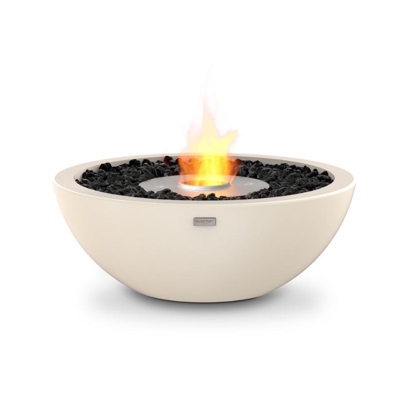 EcoSmart Mix 600 Fire Pit in Bone concrete with Stainless Steel burner, front product image.
