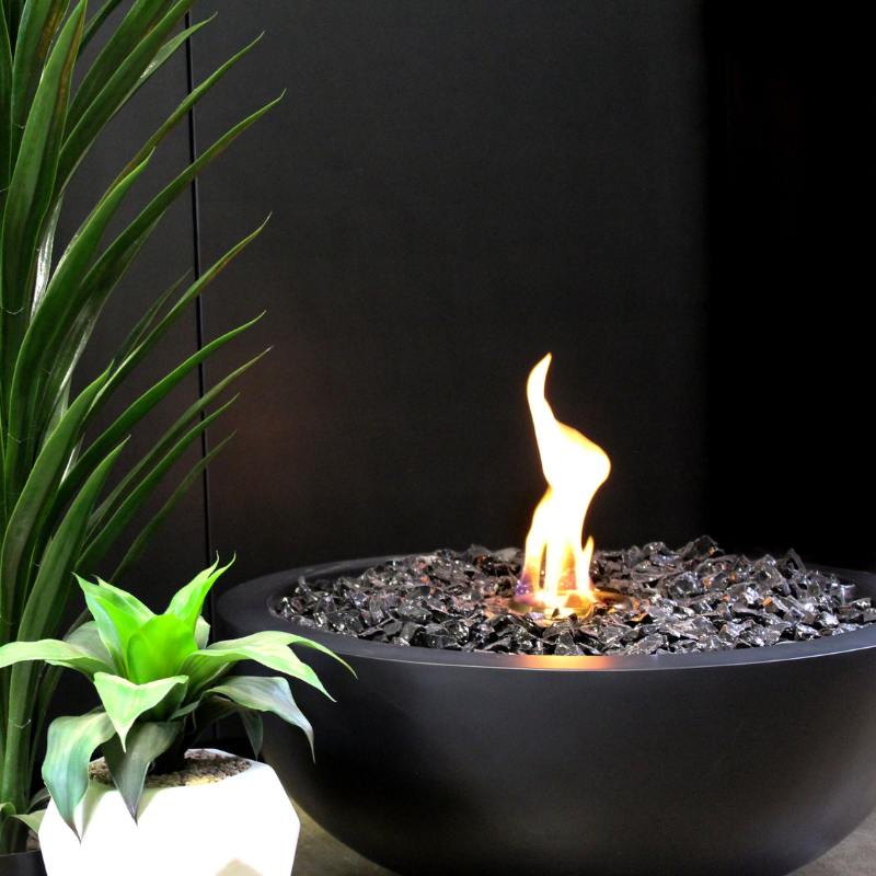 EcoSmart Mix 850 Fire Pit in Graphite finish, closeup with flame and decorative glass media.