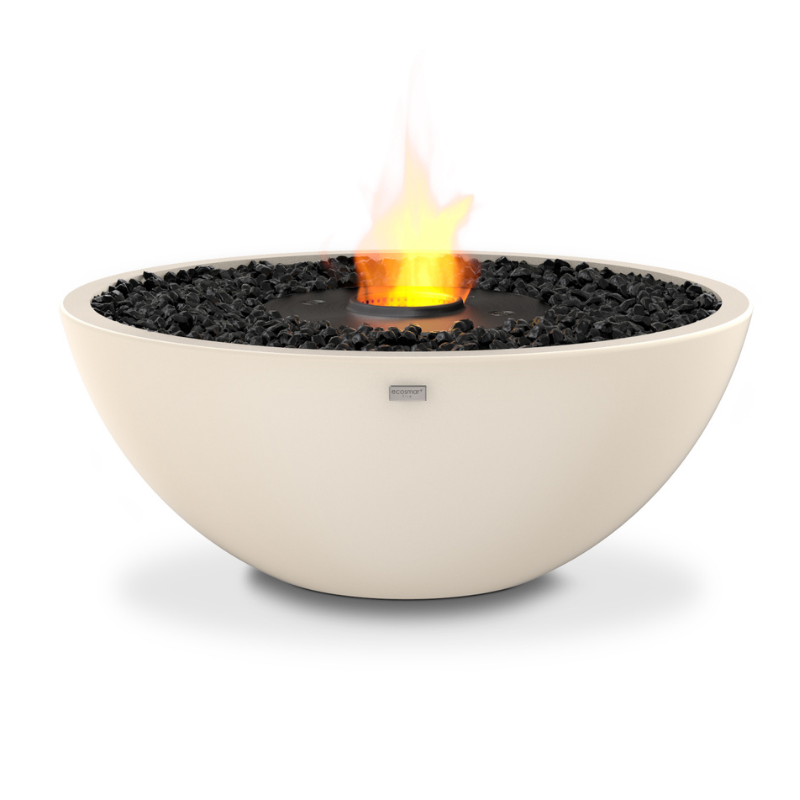 EcoSmart Mix 850 Fire Pit in Bone concrete with Black burner, front view with flame.