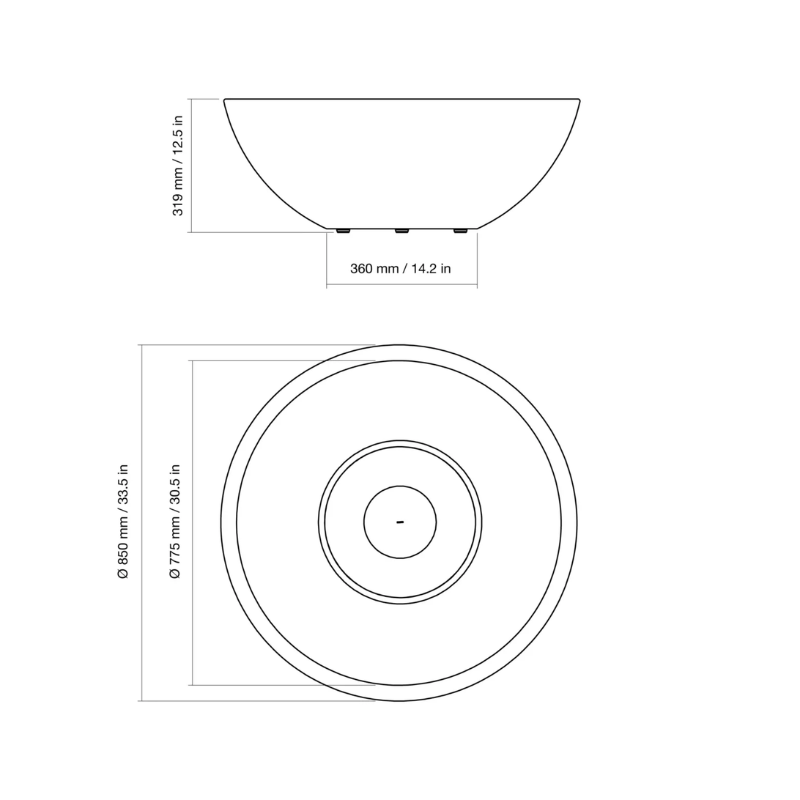 EcoSmart Mix 850 Fire Pit dimensions diagram, 850 mm diameter by 319 mm height.