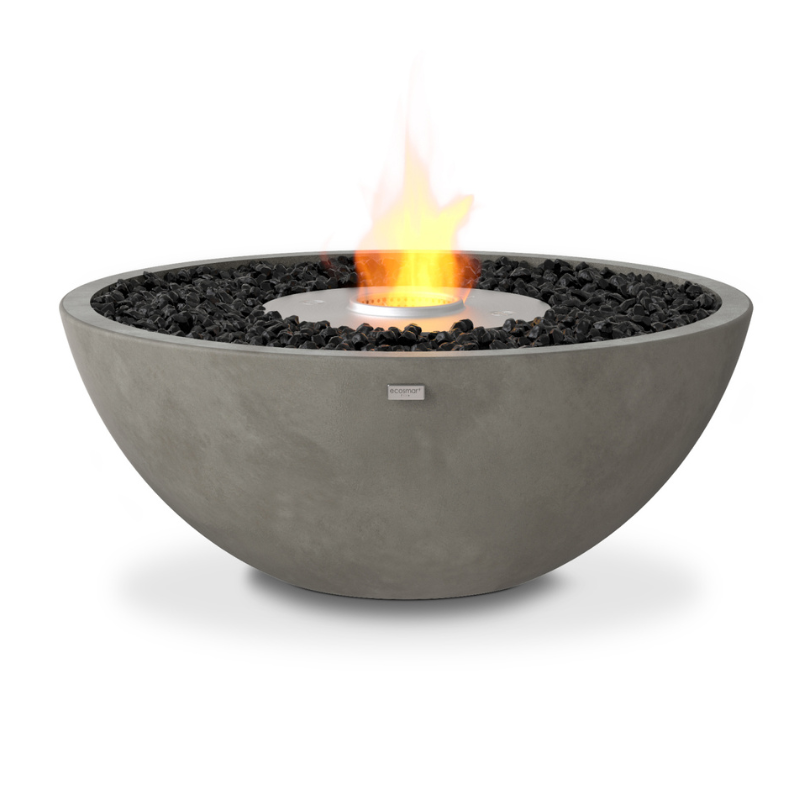 EcoSmart Mix 850 Fire Pit in Natural concrete with Stainless Steel burner and black glass charcoal media.