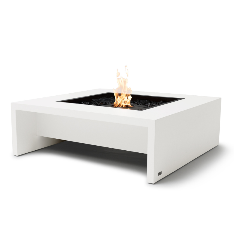 EcoSmart Mojito 40 Fire Table in Bone Fluid concrete with Black surround and black glass charcoal media.
