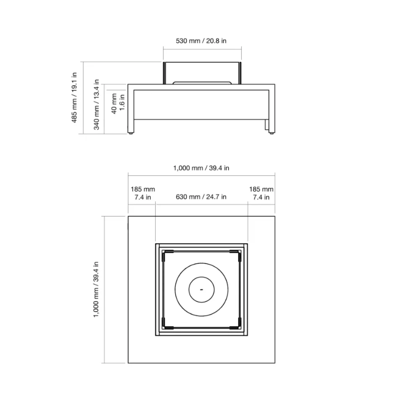 EcoSmart Mojito 40 Fire Table dimensions diagram showing size measurements and product specifications.