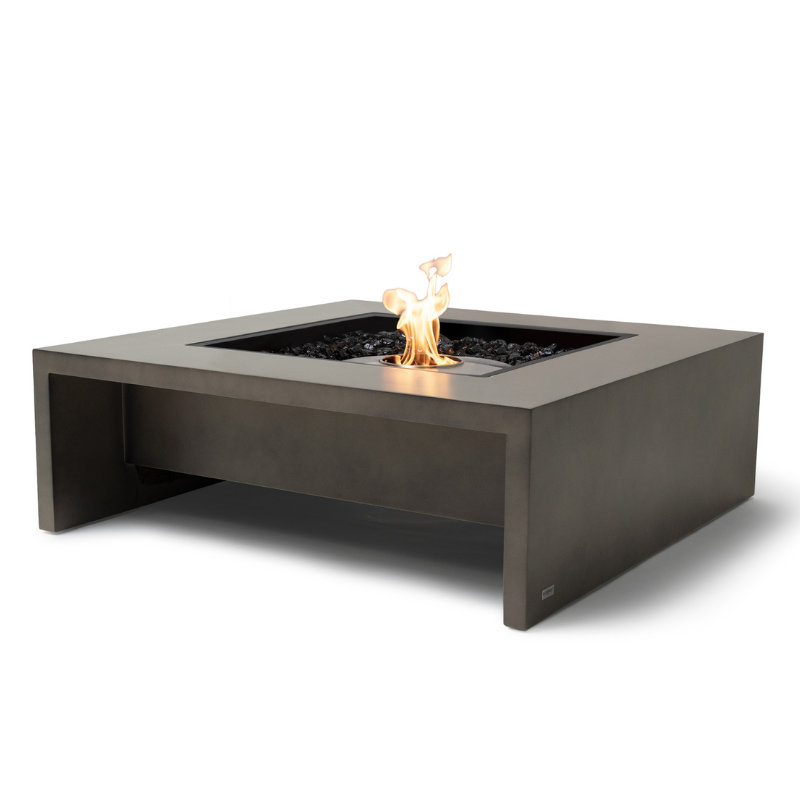 EcoSmart Mojito 40 Fire Table in Natural Fluid concrete with Stainless Steel surround and black glass media.