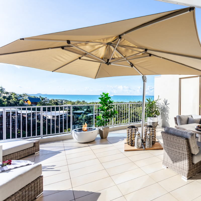 EcoSmart Pod 30 Fire Pit on a balcony entertaining terrace.
