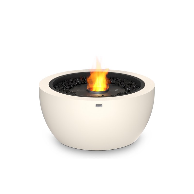 EcoSmart Pod 30 fire pit bowl in Bone fluid concrete with a Black burner, studio product view.