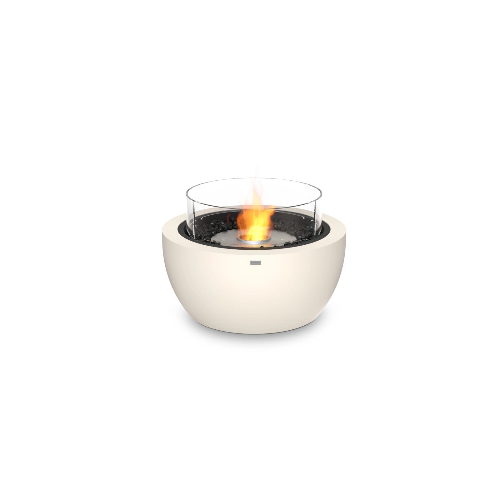 EcoSmart Pod 30 fire pit bowl in Bone fluid concrete with a Stainless Steel burner, studio product view.