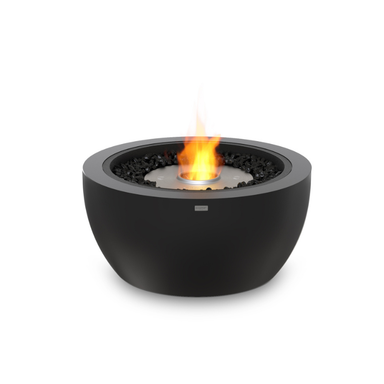 EcoSmart Pod 30 Fire Pit in Graphite Fluid concrete with Stainless Steel burner, product image with flame.