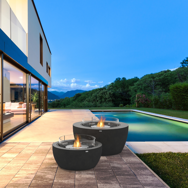 EcoSmart Pod 30 and Pod 40 Fire Pits beside a modern pool.