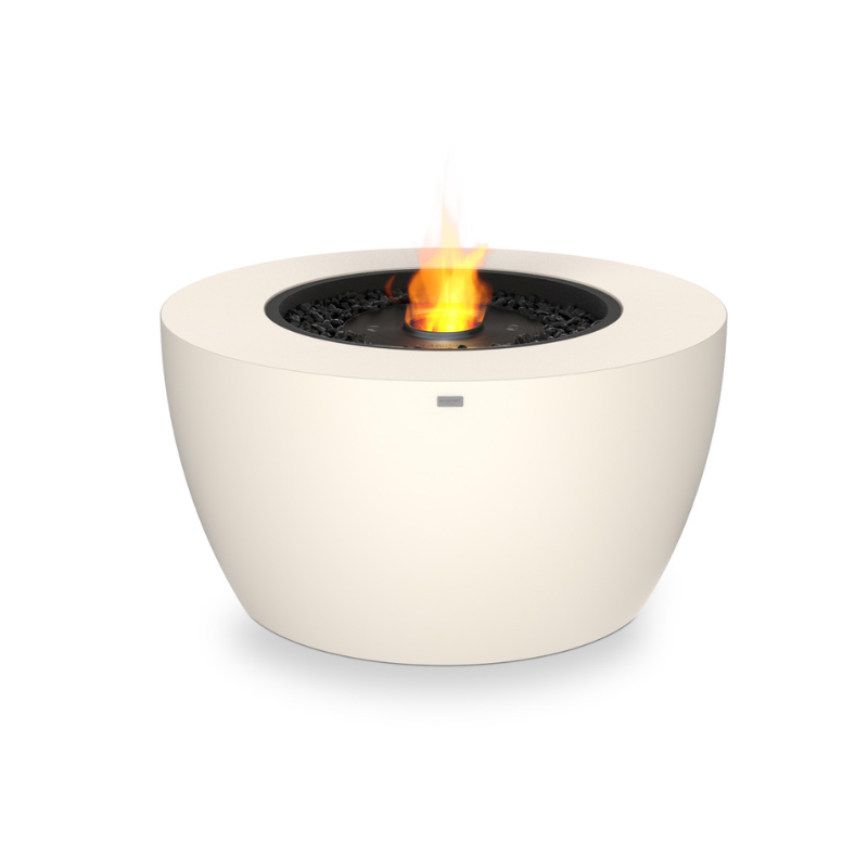 EcoSmart Pod 40 Fire Pit in Bone Fluid concrete with Black burner, front product image.