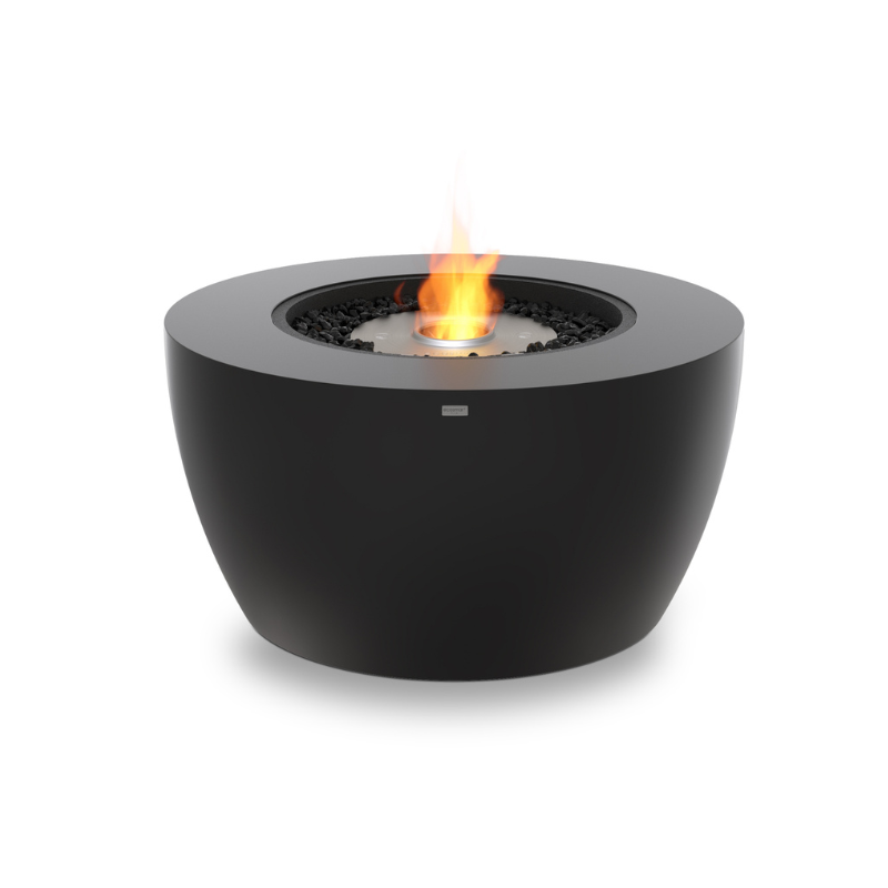 EcoSmart Pod 40 Fire Pit in Graphite Fluid concrete with Stainless Steel burner, front product image.