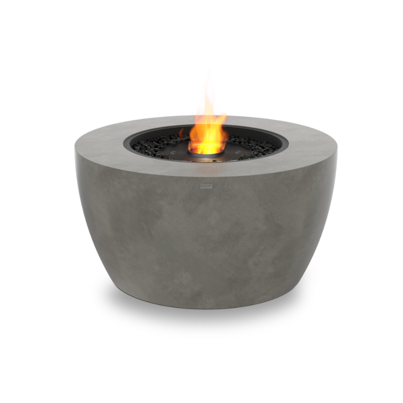 EcoSmart Pod 40 Fire Pit in Natural Fluid concrete with Black burner, round fire bowl product image with flame.