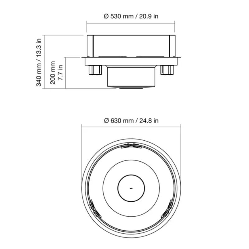 Technical drawing of the EcoSmart Round 20 Fire Pit Kit, showing its dimensions: 530 mm diameter and 200 mm height, ideal for compact outdoor spaces.