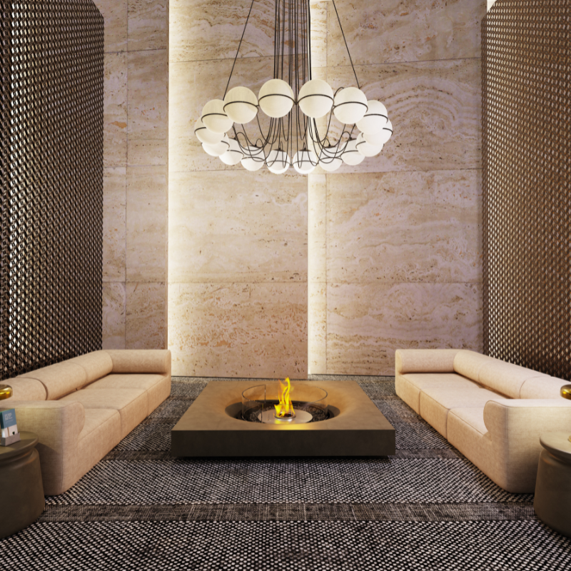 EcoSmart Round 20 Fire Pit Kit featured in a stylish indoor space, offering a contemporary and cozy ambiance with its central flame.