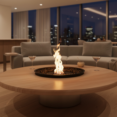 EcoSmart Round 20 Fire Pit Kit placed in an elegant indoor living room, surrounded by modern seating, with a beautiful flame rising from the center.