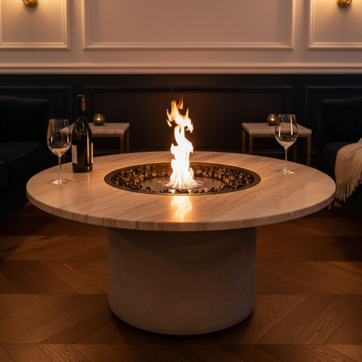 EcoSmart Round 20 Fire Pit Kit in a luxurious living room, featuring a circular design with a flame rising from black stones, surrounded by sophisticated furniture and wine glasses.