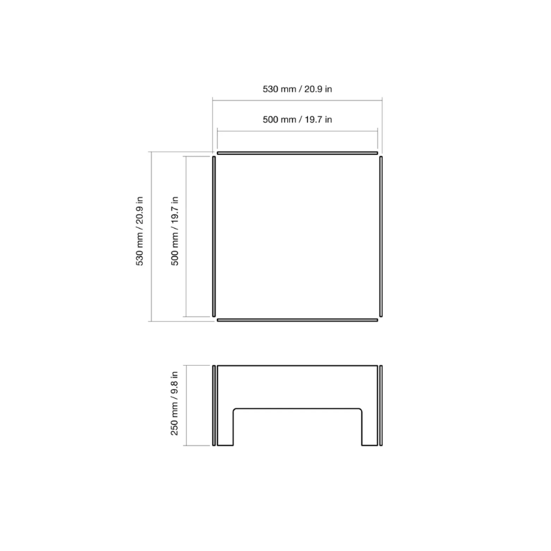 EcoSmart S22 Fire Screen S500 dimensions diagram showing square fireplace screen measurements and size