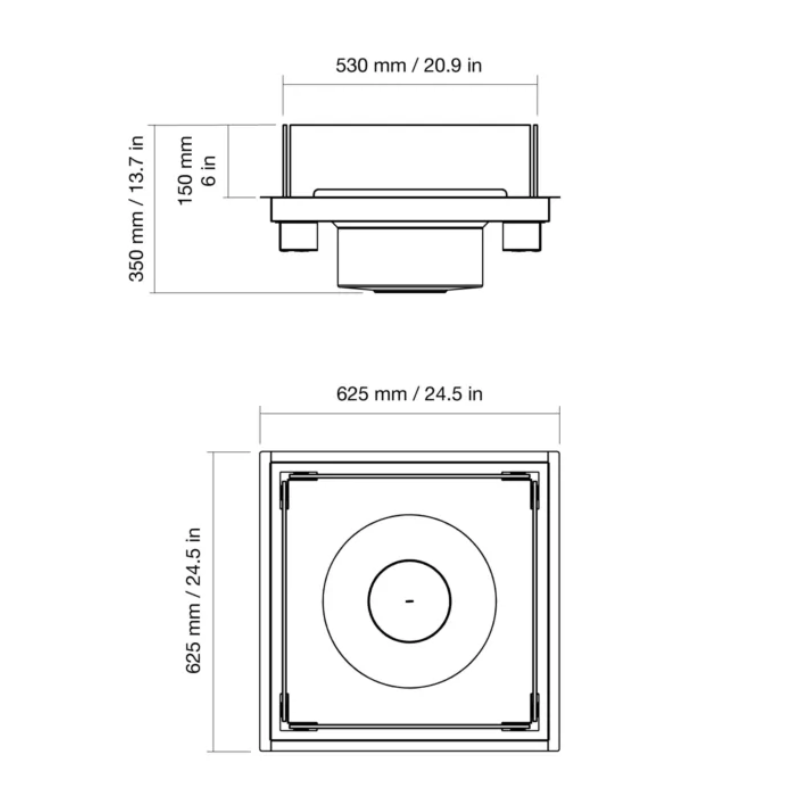 Technical dimensions of the EcoSmart Square 22 Fire Pit Kit, showing the top and side views with precise measurements in millimeters and inches.