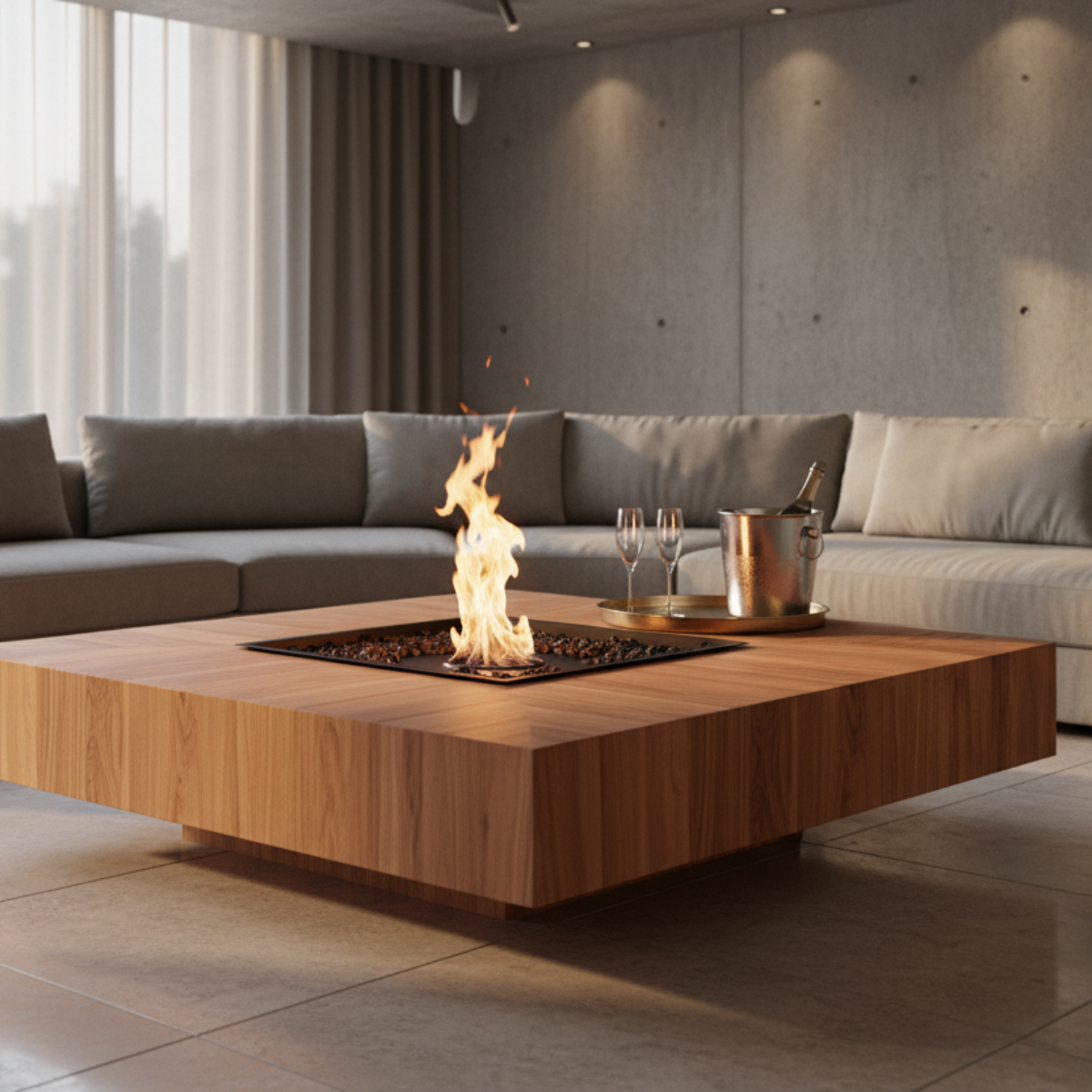 EcoSmart Square 22 Fire Pit Kit creating an elegant focal point in a modern outdoor cocktail area, surrounded by comfortable seating and soft lighting